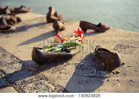 Monument to the fallen in World War II Jews on the Danube embankment in Budapest, Hungary.