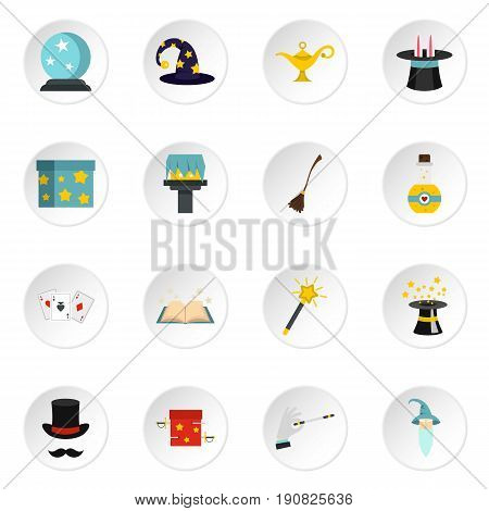 Magic icons set in flat style. Magic tricks set collection vector icons set illustration