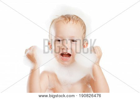 Funny little child in a bubble bath with soap foam isolared white bsckgtound