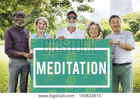Meditation word on green background