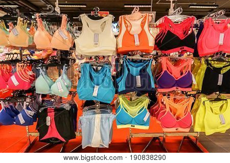 Kota Kinabalu,Sabah-May 29,2017:Various of colorful bras hanging in lingerie store in the IMAGO mall shopping centre in Kota Kinabalu,Sabah,Borneo,Malaysia.