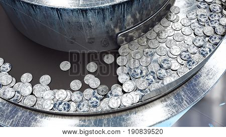 Process of production of coins, 25 cents. Industrial concept. Factory equipment and macine. 3d rendering