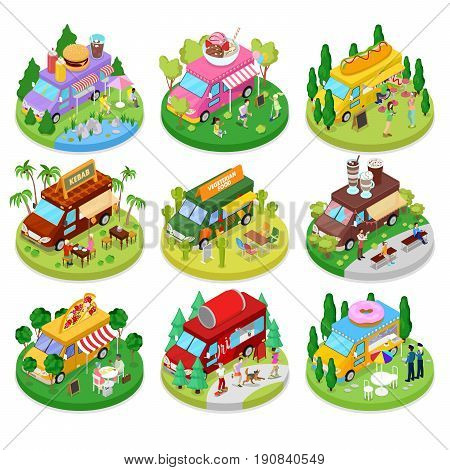 Isometric Street Food Truck Set with Vegeterian Food, Burger, Hot Dog and Ice Cream Cafe. Vector flat 3d illustration