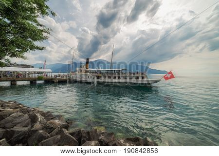 Montreux, Switzerland. 3rd June 2017. A Paddle Steamer boat is moored up awaiting departure on a lakeside cruise at Montreux in Switzerland