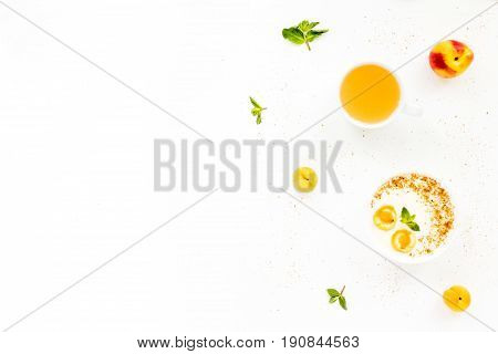 Fresh Summer Fruit. Healthy Breakfast With Peach, Nectarine, Apricot, Muesli, Peach Yogurt, Mint, Ju