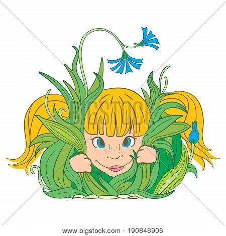Cheerful red-haired girl peeking out of dense grass
