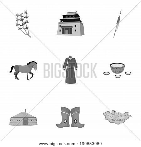 Mongolian national characteristics. Icons set about Mongolia.Clothing, soldiers, equipment. Mongolia icon in set collection on monochrome style vector symbol stock web illustration.