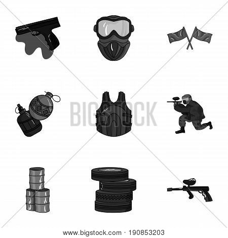 A collection of pictures about the game in paintball. The balloons with paint.Paintball icon in set collection on monochrome style vector symbol stock web illustration.