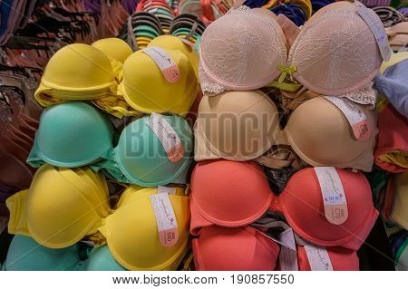 Kota Kinabalu,Sabah-May 29,2017:Various of colorful bras hanging in lingerie store in the IMAGO mall shopping centre in Kota Kinabalu,Sabah,Borneo,Malaysia.
