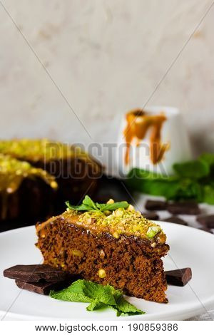 Chocolate Cake With Pistachios And Salted Caramel