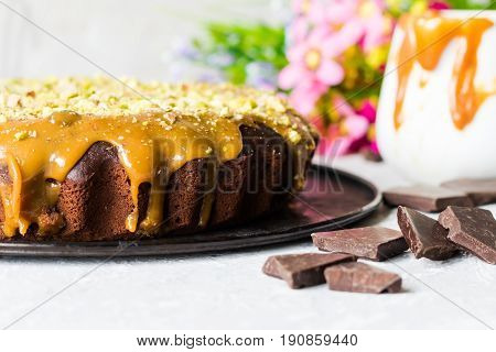 Chocolate Cake With Pistachios And Salted Caramel