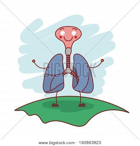 colorful scene in grass with silhouette caricature respiratory system with windpipe vector illustration