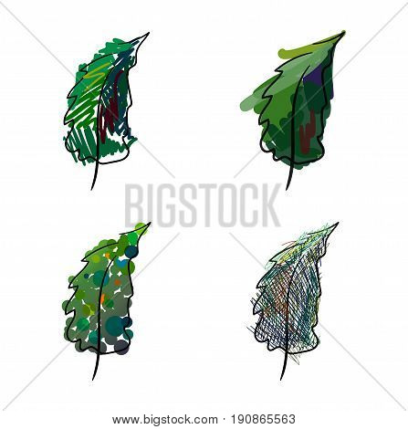 Four stylized hand-painted spruce on a white background