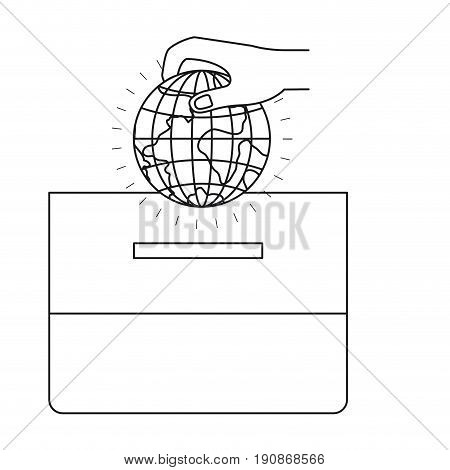 silhouette front view hand with flat globe earth world depositing in a carton box vector illustration