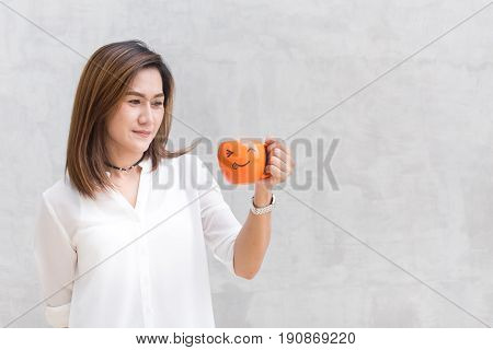 Happy Drink Coffee Concept With Copy Space, Asian Girl Teen Working Women Adult Handle Smile Mug.