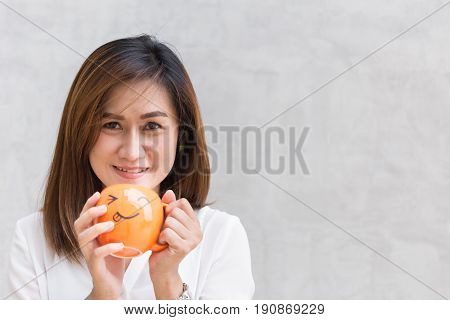 Happy Drink Coffee Concept With Copy Space, Asian Girl Teen Working Women Adult Handle Smile Mug.
