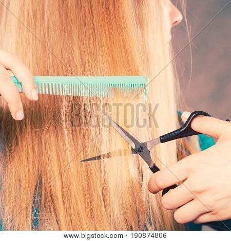 Cutting down and shearing concept. Blonde woman cuts and combing her straight smoothy fair hair. Professionalist making new coiffure hairdo.