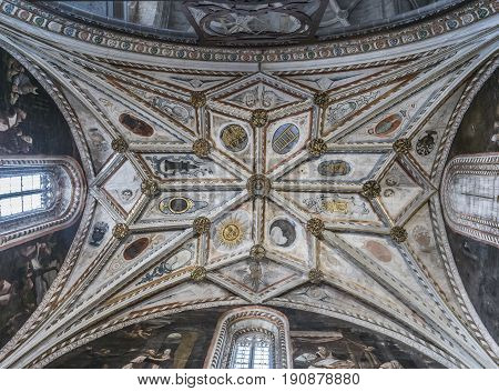 SEGOVIA SPAIN JUNE - 3 2017: The gothic vault of Chapel Our Lady of Rosary in Cathedral of Our Lady of Assumption with the neoclassicistic frescoes take in Segovia Spain