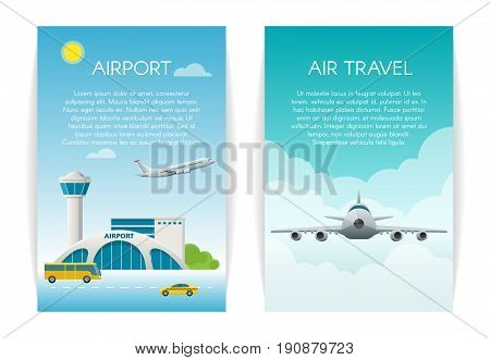 Air travel Concept web banner set. Arrivals at airport passenger terminal and flying commercial and private personal transport passenger jet.