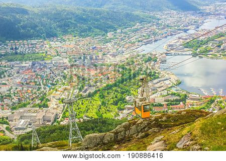 Ulriksbanen, the Bergen cable car leading to Ulriken mountain. Norwegian tourism highlight. Bergen urban skyline. Traveling to Northern Europe. Spectacular norwegian landscape and popular landmark.