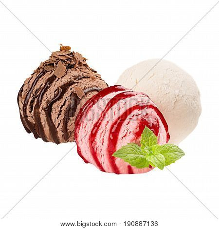 Ice cream scoops - white pink brown - group decorated strips sauce mint leaves chocolate chips isolated on white background.