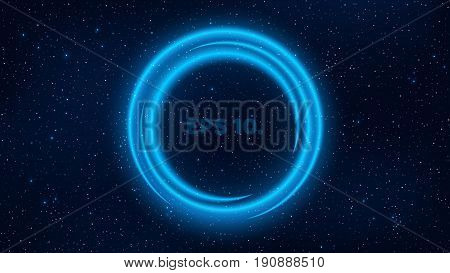 A shining banner of neon lines of blue color against the background of the star sky. Fantastic cosmic space. Enter your text in the template. Glittering stars in the dark. Vector illustration. EPS 10