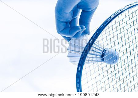 Badminton Sport Start Playing, Closeup Hand Serve Badminton Shuttlecock In Badminton Court.