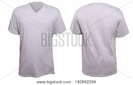 Misty Grey t-shirt mock up front and back view isolated. Plain gray shirt mockup. V-Neck shirt design template. Blank tees for print