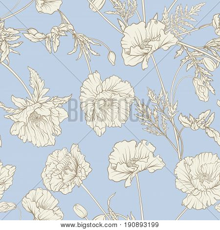 Seamless pattern with poppy flowers in botanical vintage style in pastel colors. Stock line vector illustration.