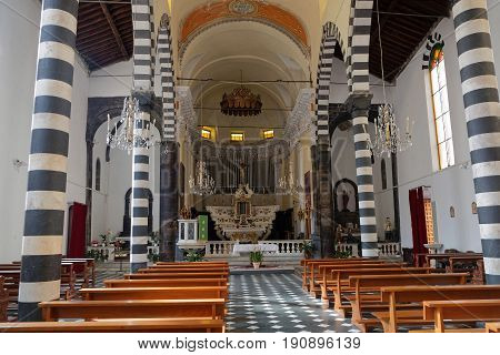 MONTEROSSO Italy June 5 2017 : Inside the church of Monterosso in the Cinque Terre National Park. The Cinque Terre area is a very popular tourist destination and a world heritage site.
