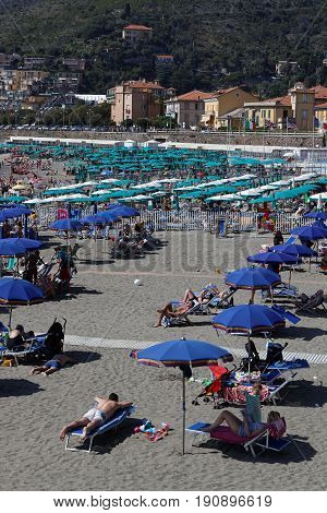 LEVANTO Italy June 2 2017 : The beach of Levanto. Levanto in the Italian region Liguria lies on the coast at the end of a valley thickly wooded with olive and pine trees and a part of its territory is included in the Cinque Terre National Park.