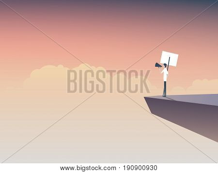 Protester speaking through megaphone or bullhorn and holding a placard, banner vector icon. Corporate background. Symbol of activism, demonstration. Eps10 vector illustration.