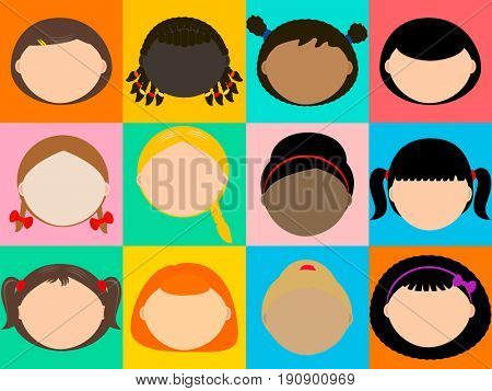 Woman fashion hairstyle constructor set, colorful  squares background.  Long, short, curly hair. Blond, brunet, red hair.