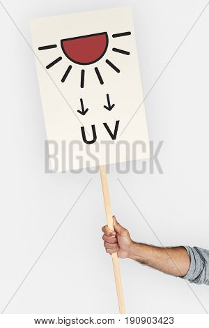 Hand holding banner network graphic overlay