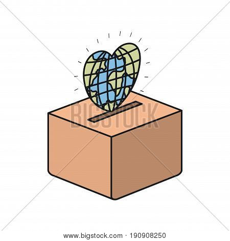 colorful silhouette flat globe earth world in heart shape depositing in a carton box vector illustration