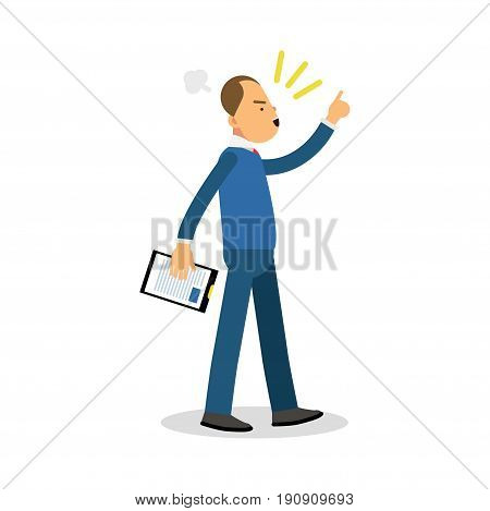 Angry office manager with notepad screaming, upset stressed man vector Illustration isolated on a white background