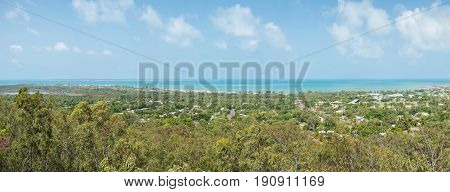 Nhulunbuy town panorama view from Roy Marika lookout in Arnhem land, NT of Australia.