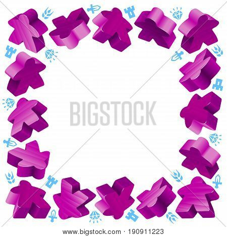 Square frame of purple meeples for board games. Game pieces and resources counter icons isolated on white background. Vector border for design boardgames advertisement or template of geek t-shirt print