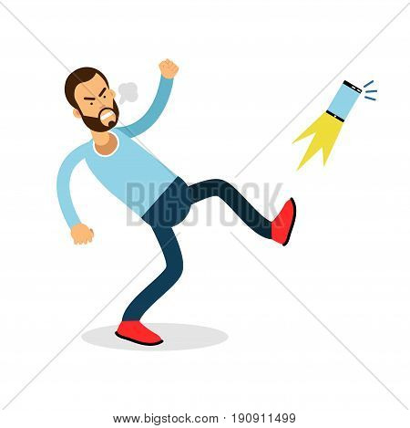 Young furious man shouting and kicking his phone vector Illustration isolated on a white background