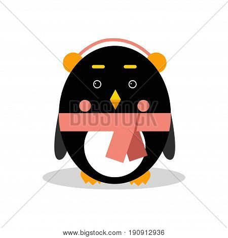 Cute cartoon penguin character wearing headphones in geometric shape vector Illustration isolated on a white background