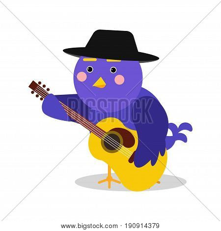 Funny cartoon bird character playing guitar, blue bird in geometric shape vector Illustration isolated on a white background