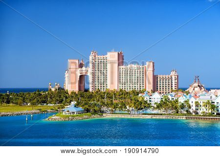 NASSAU BAHAMAS - March 9. 2016: The Atlantis Paradise Island resort located in the Bahamas . The resort cost $800 million to bring to life the myth and legend of the lost city of Atlantis.