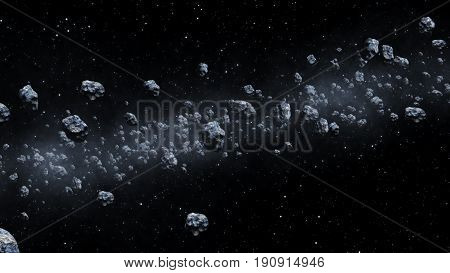Closeup On Meteor Lumps In Space. Dark Background. Suitable For Any Fantasy, Astronomy Or Space Real