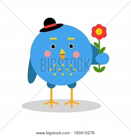 Funny cartoon bird character standing with flower, blue bird in geometric shape vector Illustration isolated on a white background