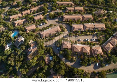 Aerial view of affluent suburban neighborhood