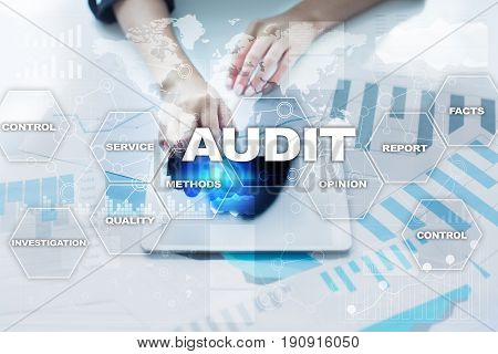 Audit business concept Auditor Compliance. Virtual screen technology