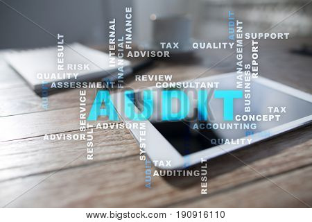 Audit business concept Auditor Compliance. Virtual screen technology