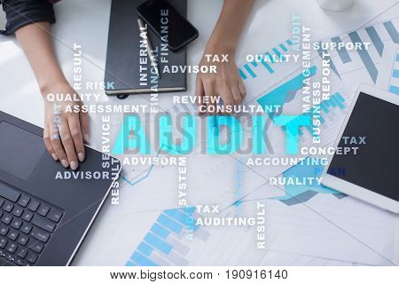 Audit business concept Auditor Compliance. Virtual screen technology