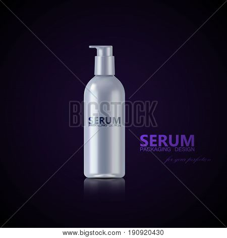 Anti aging serum ads poster template. Cosmetics product. Cosmetic packaging mockup design. White bottle on black reflective background. 3d vector fashion magazine illustration.