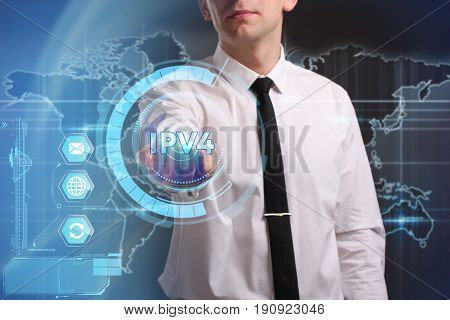 Business, Technology, Internet And Network Concept. Young Businessman Working On A Virtual Screen Of
